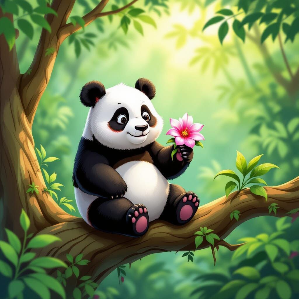 Charming Panda Touches Exotic Flower in Rainforest