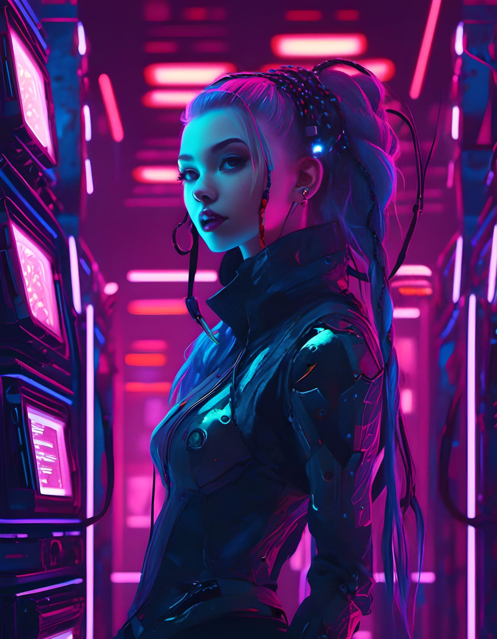 Beautiful e-girl, half-body portrait, server room glowing detailed environment, blacklight, detailed, ultraviolet, uhd 8k,, enchanting charm...