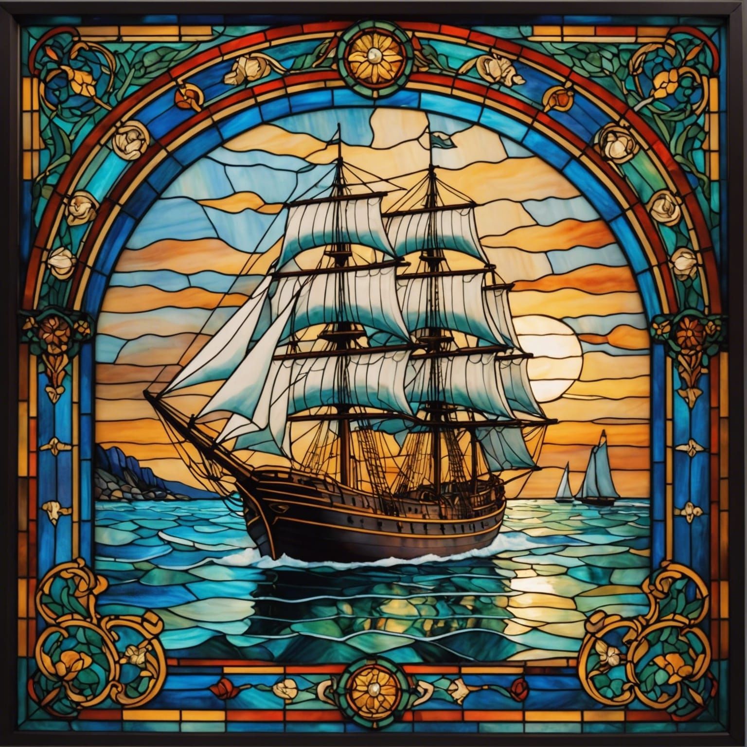 Tiffany stained glass panels of a schooner in a harbor, ange...