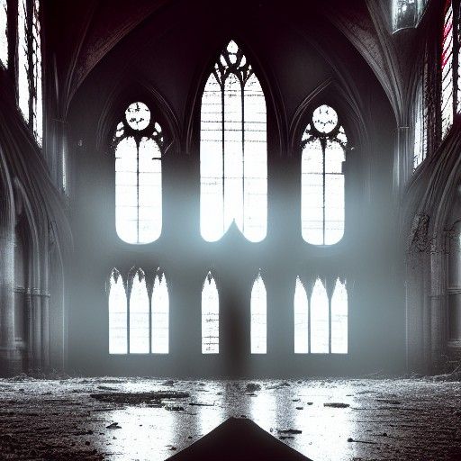interior of an abandoned, partially flooded gothic cathedral...