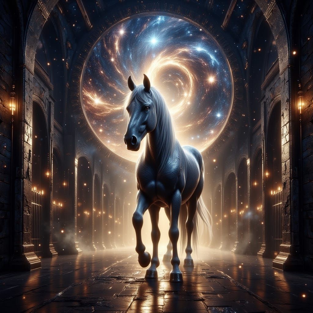 <lora:Exquisite Flux:1.0> <lora:-Omnious-:1.0> A majestic horse stands silhouetted against a swirling nebula, its mane transforming into cos...