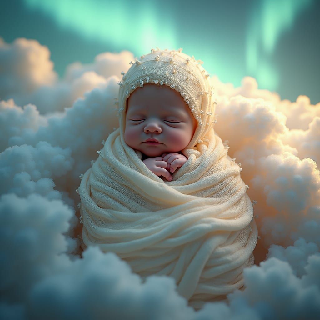Newborn in Ethereal Shawl with Aurora Backdrop
