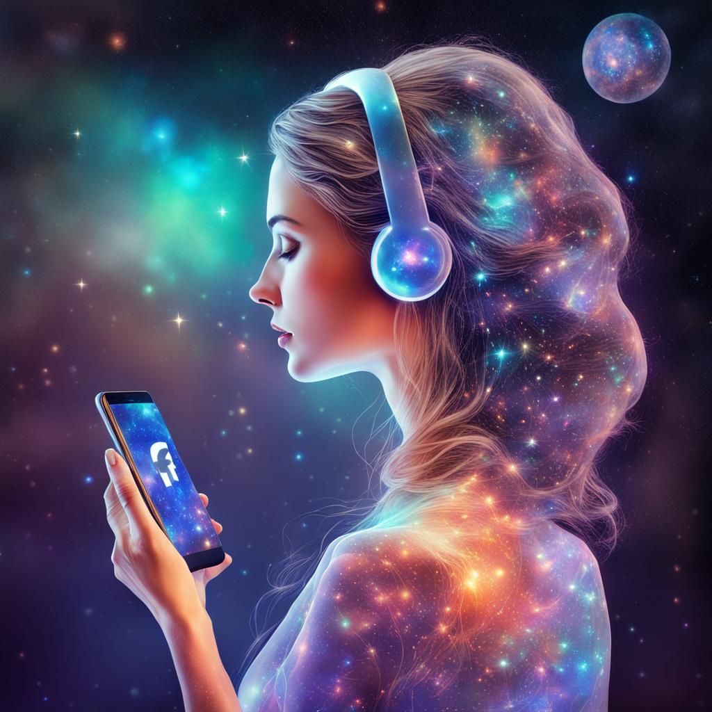 Woman profile beautiful holding cellphone with FB on it - AI Generated ...