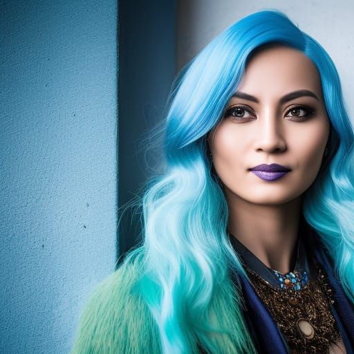 smiling woman with blue hair