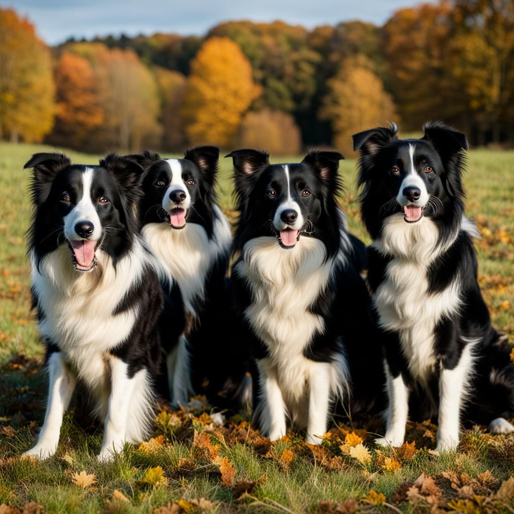 a load of border collies in an autum field