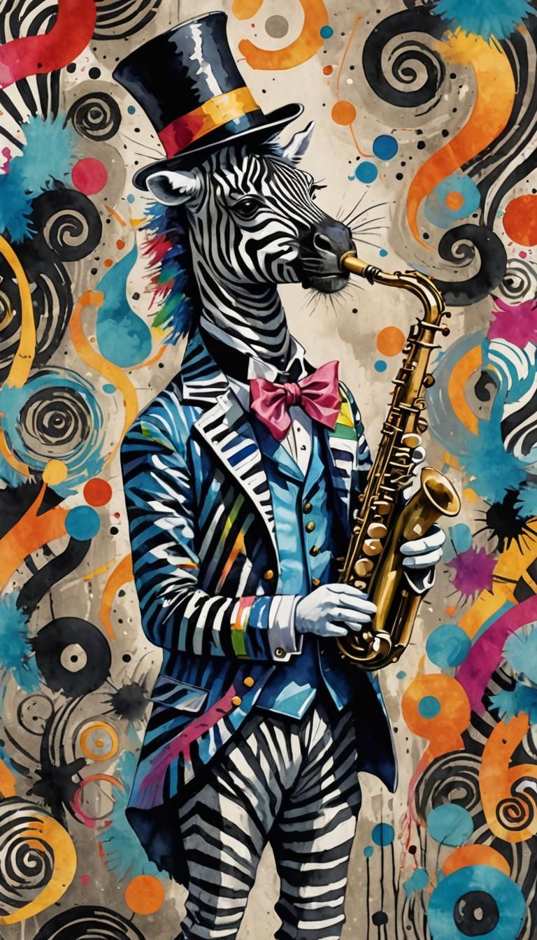 Surrealistic jazz scene. Close-up shot. A  Seussical fox  wearing a zootsuit  and fedora   with iridescent black and white fur plays a bras...