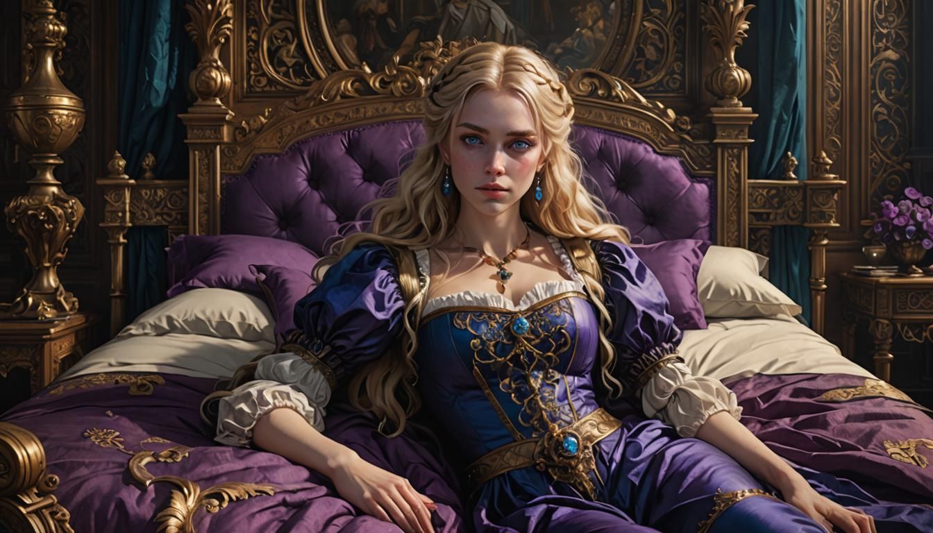 a blue-eyed, blonde girl lies on a rich bed in a mansion, 16...