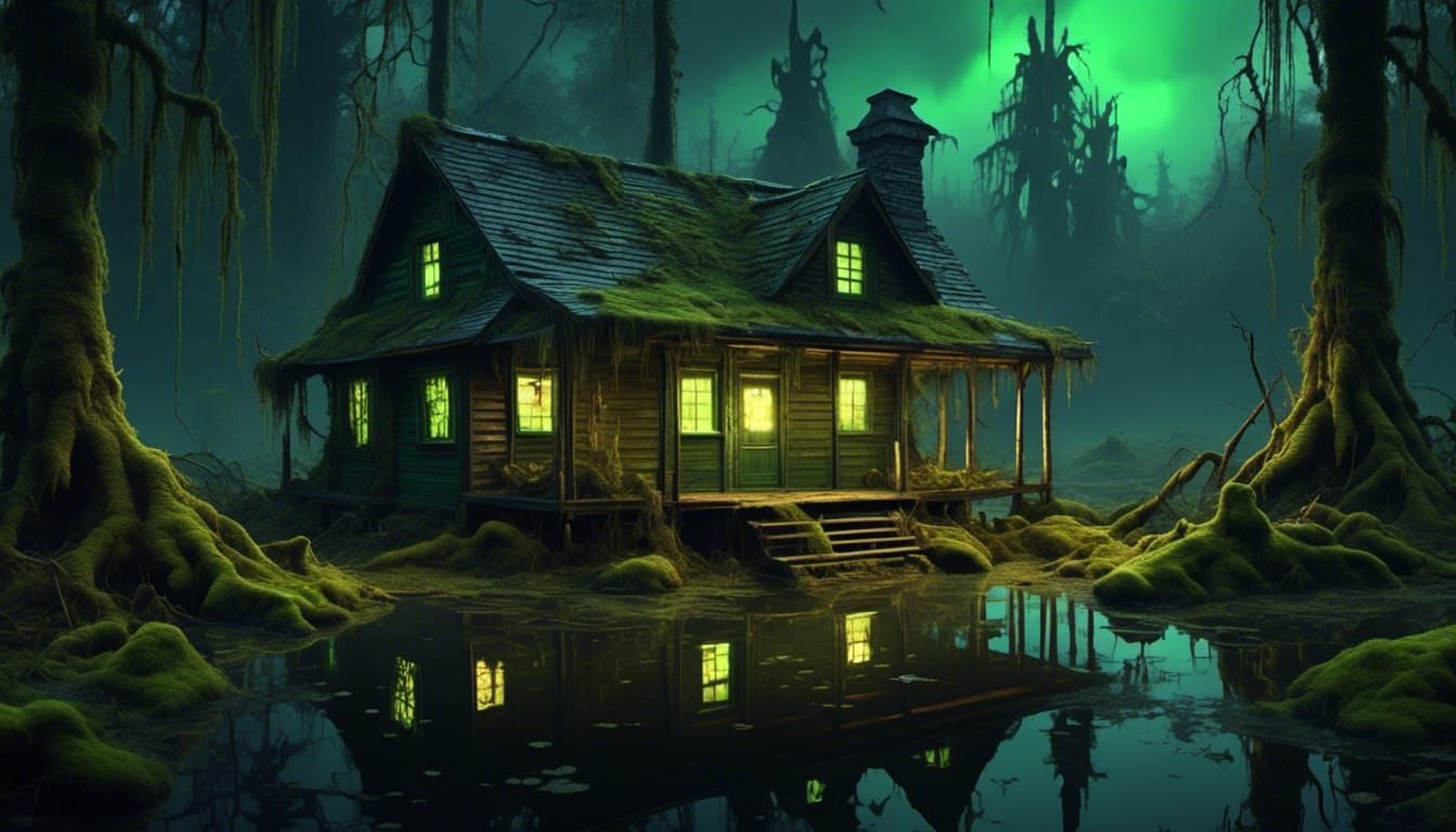 small dark abandoned cabin in eerie bioluminescent green glowing swamp <lora:Bioluminescent Swamp:1.0> 