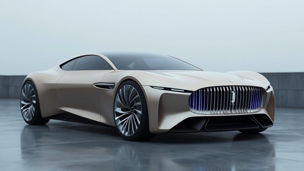 A photograph of a luxury concept car on a smooth, misty gray concrete surface bathed in soft atmospheric haze. The car boasts a sleek, elong...