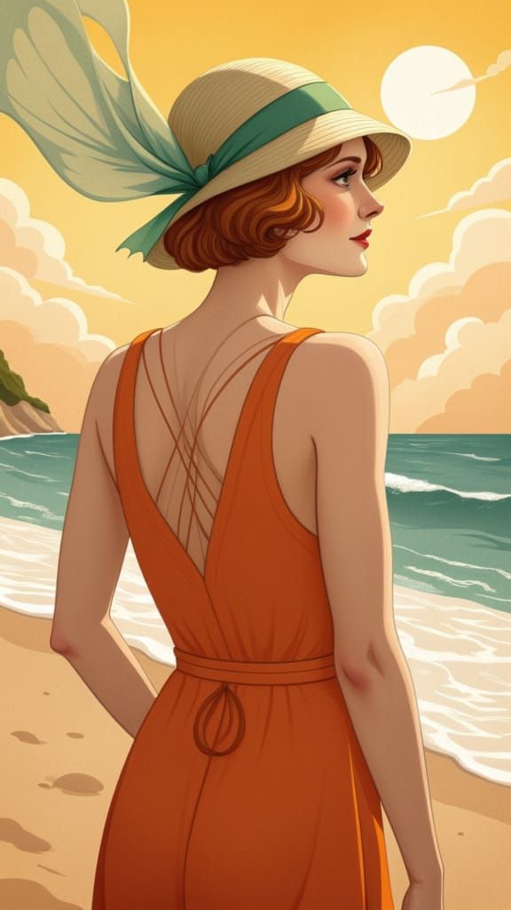 Art deco style: Back view Portrait of a beautiful ginger woman with slightly wavy hair, a green foulard in her hair, and a orange swimming s...