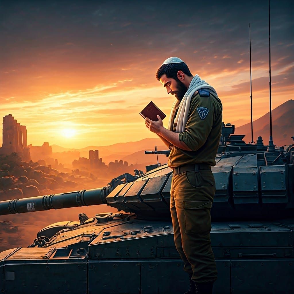 Israeli Soldier Praying on Tank at Sunset