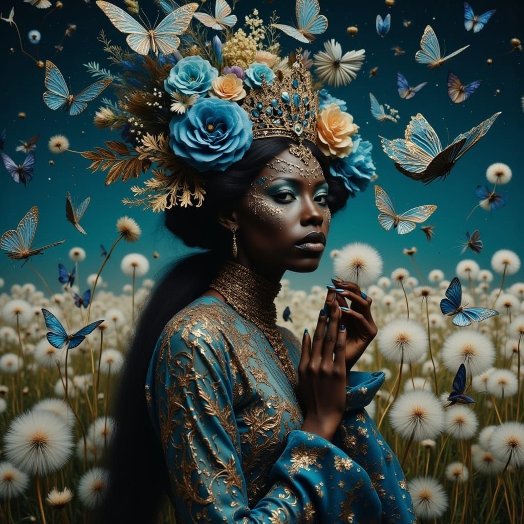 Celestial Queen in Baroque Gown Under Art Deco Sky