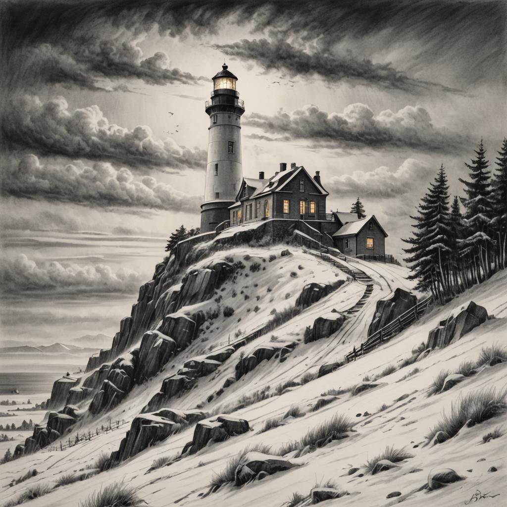 Huge Lighthouse on top of hill in a snow covered landscape  by @Lighthouse Keeper