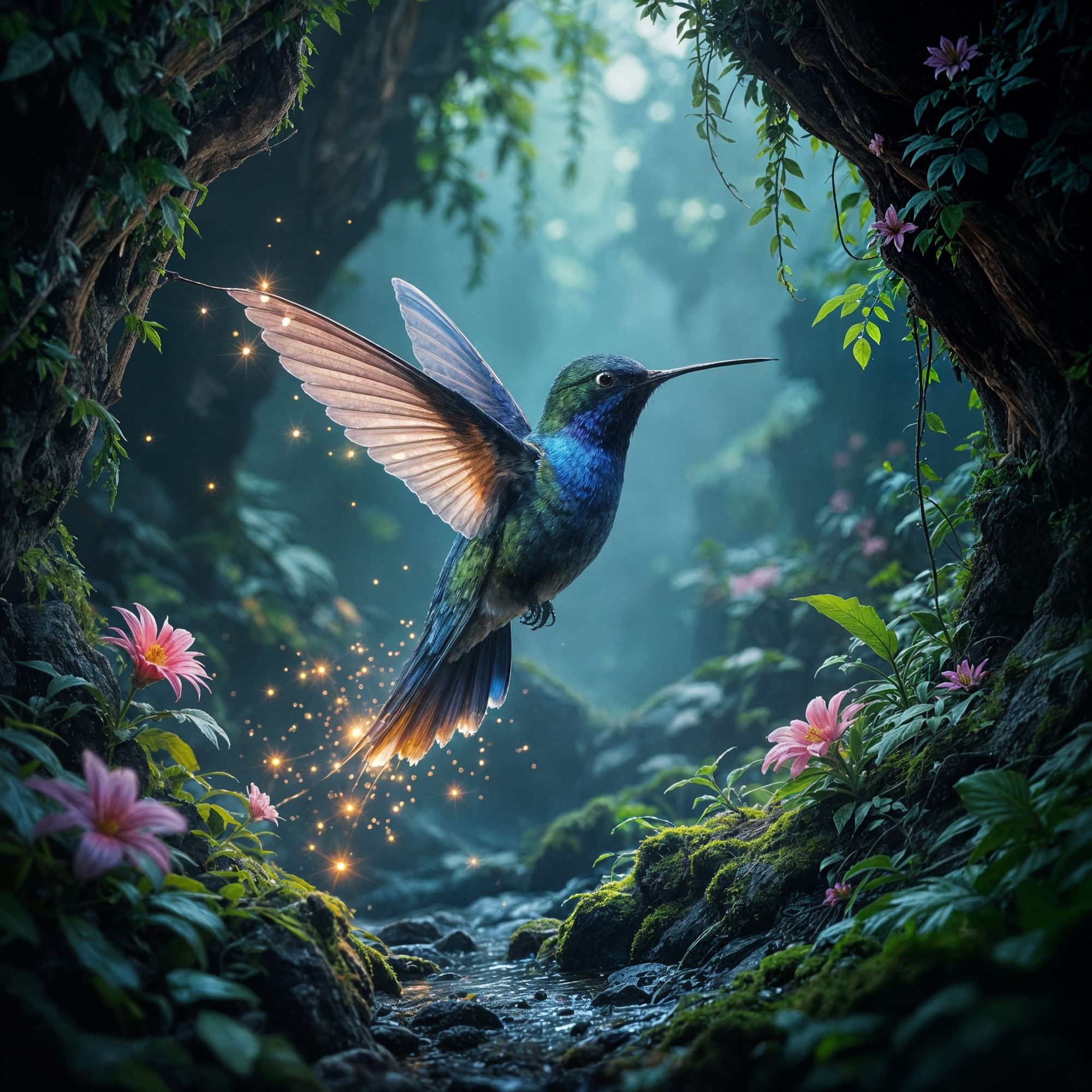 A bioluminescent hummingbird flits through a hidden jungle grotto, its wings leaving trails of sparkling light. The air is thick with mist a...