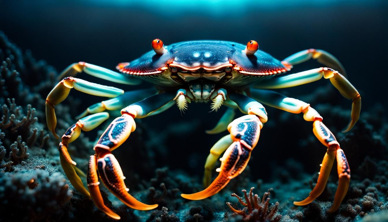 bioluminescent crab followed by a octpus, dark forbidding ocean floor