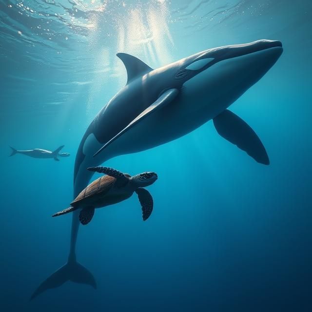 A BIG ORCA WHALE AND A TURTLE SWIMMING IN THE OCEAN.