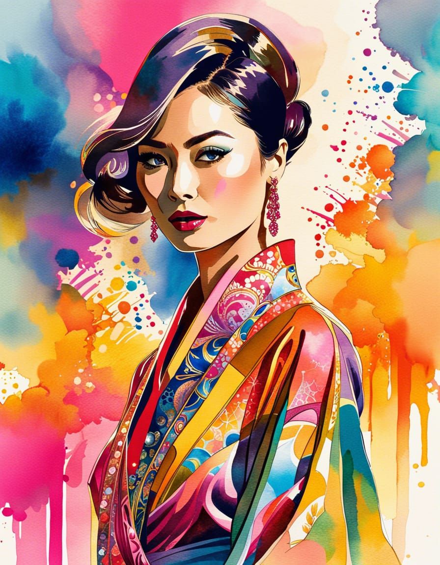 Watercolor Mondian fashion model sketch intricale details ja...