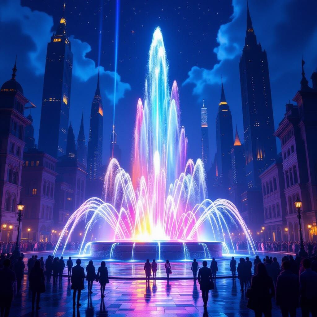 imagine a fountain made of pure light, shooting beams of vibrant color into the night sky. The fountain ...  by @Tony danis art