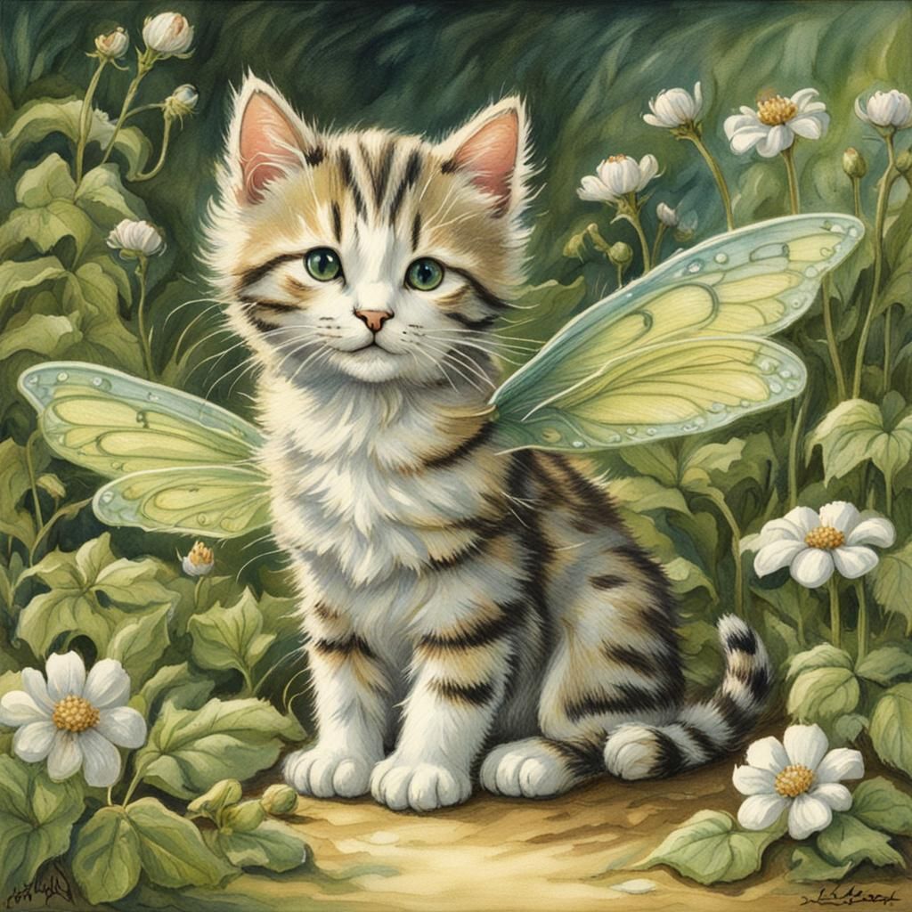 A kitten with wings in the Cicely mary barker's style