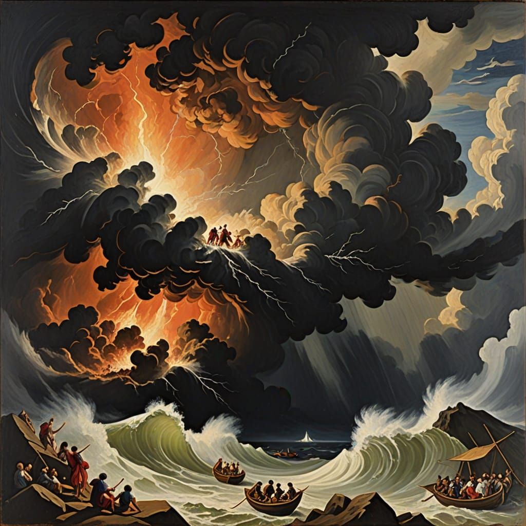 Storms in the heavens ,earthquakes ,tidal waves,volcanic eruptions on Earth and people cry out to God..impasto gouache.....