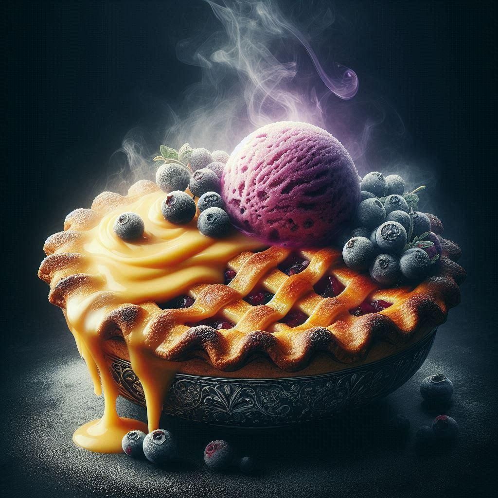 Blueberry apple pie with gooey custard topped with black cur...