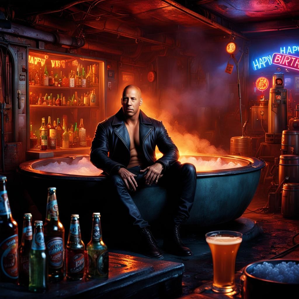 The actor Vin Diesel sits in a hot jacuzzi, he Drinks a Beer...
