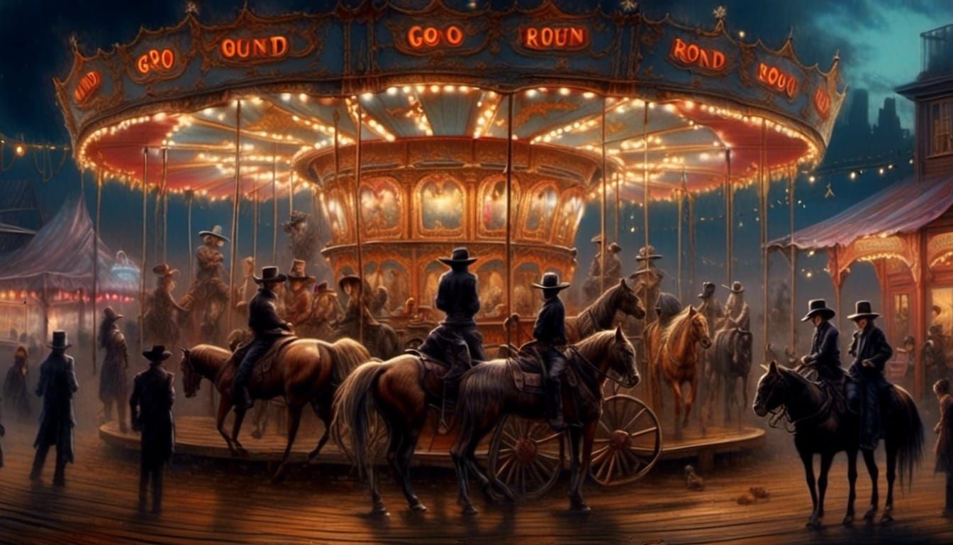 "Merry Go 'Round": 1800's Old West rundown carnival, dusty, ...