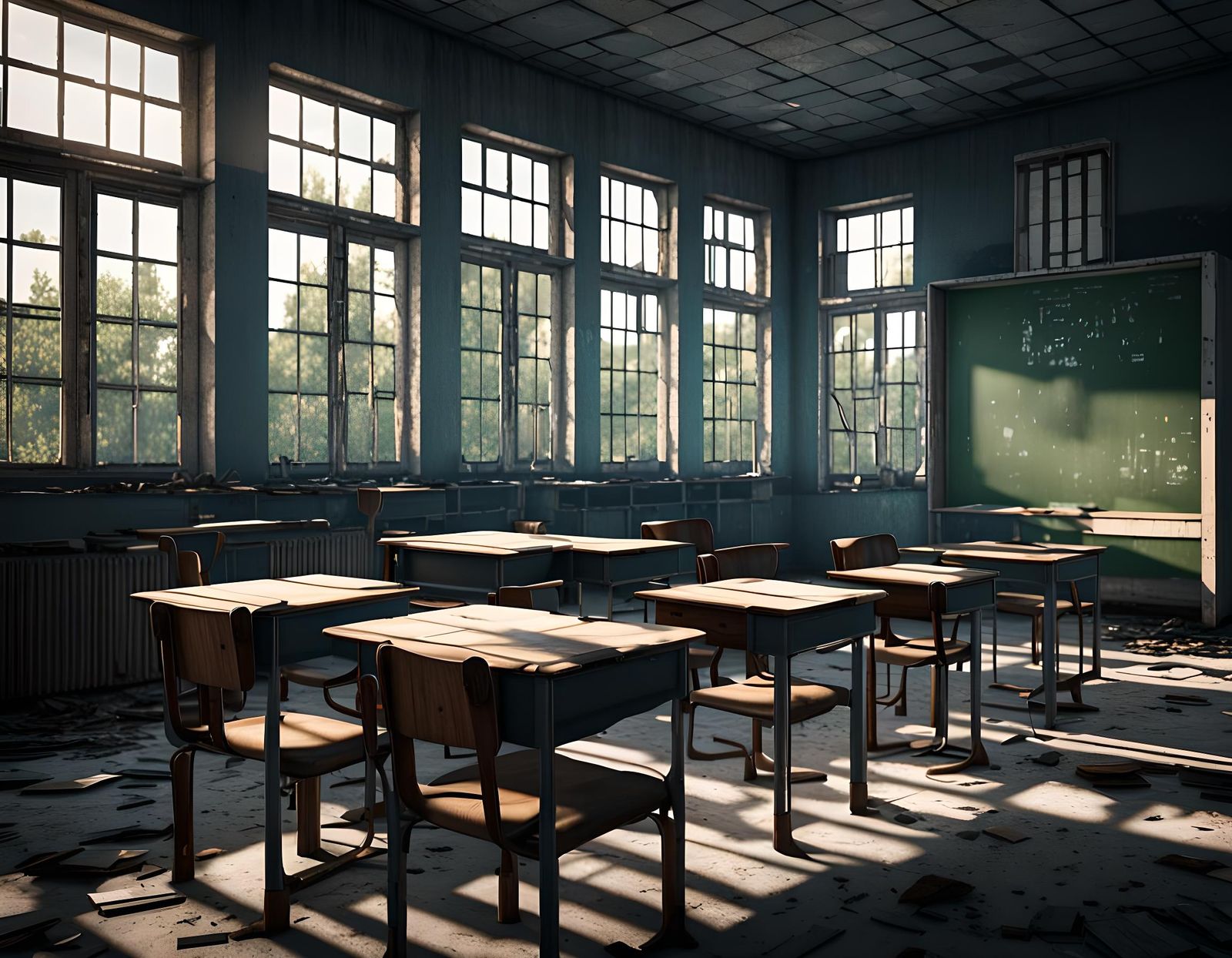 School room with turned chairs and opened window frames in Pripyat ...