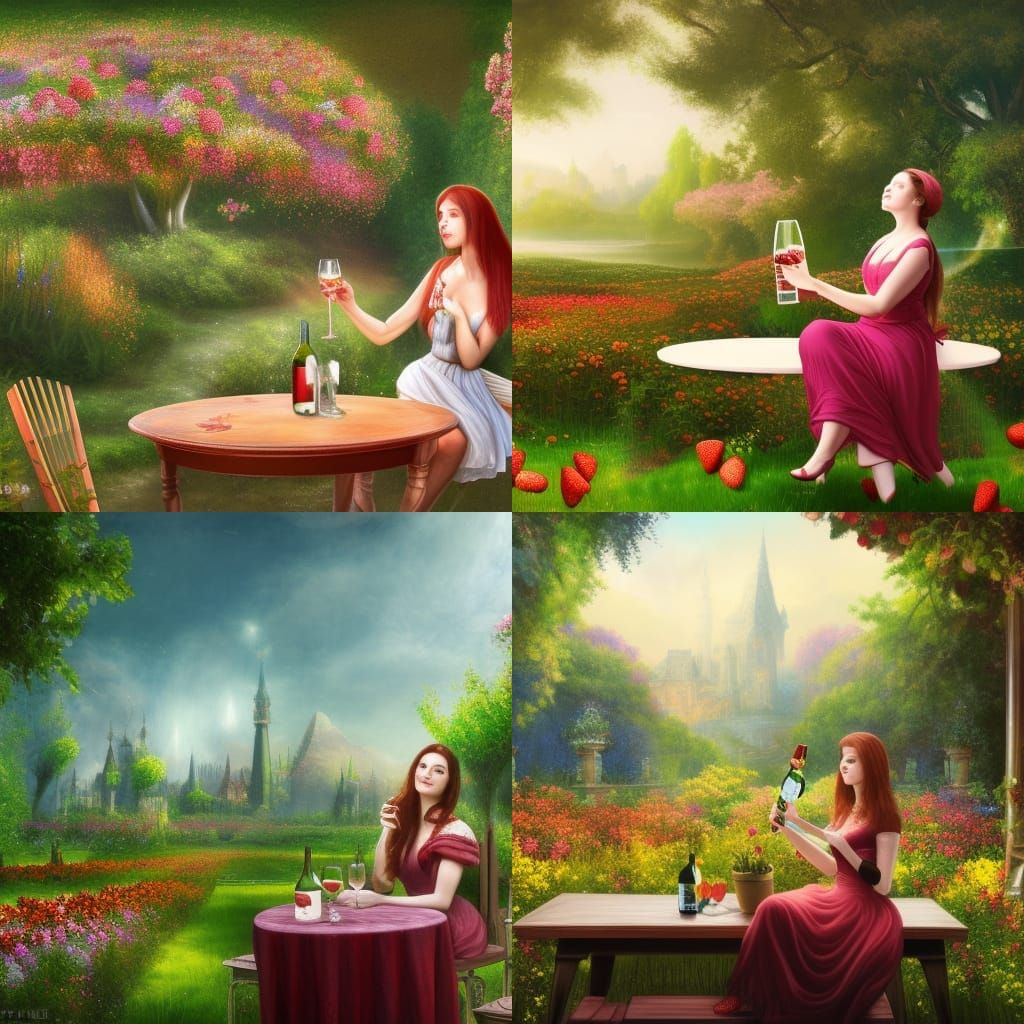 A lady sitting in a flower garden drinking a big glass of st...