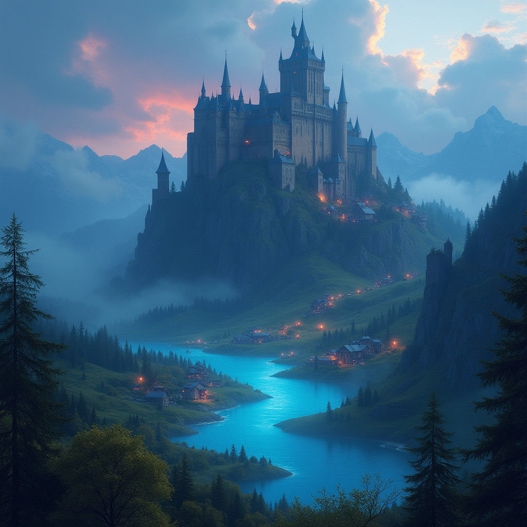 A big castle in a mountain with a lake glowing blue lights a...