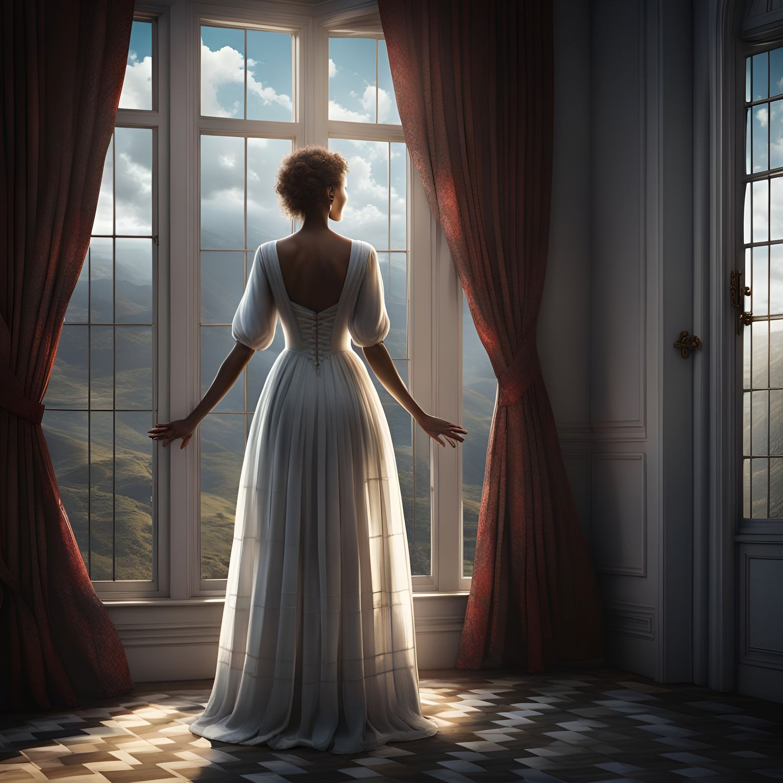 woman with her back to me, long white dress, gazing out of t...