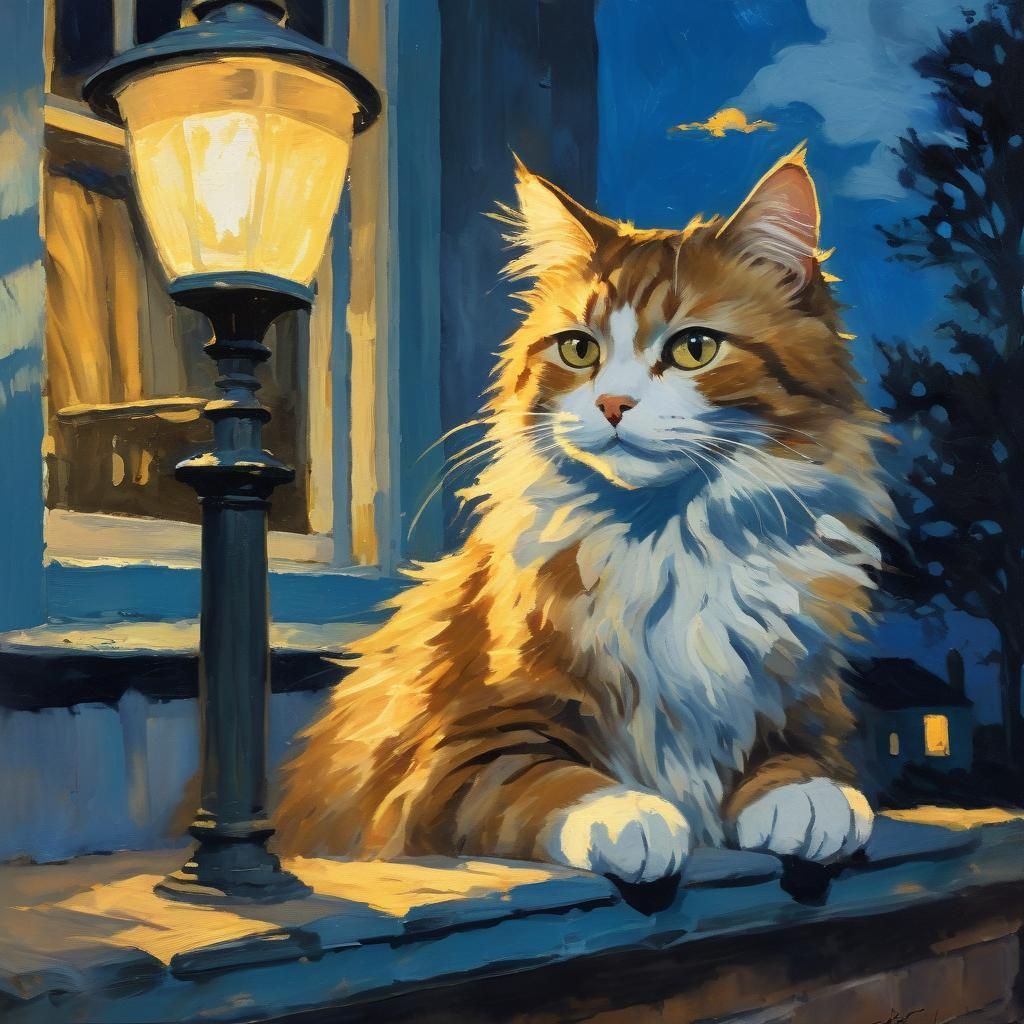 Impressionist Cat Basking in Streetlamp Glow