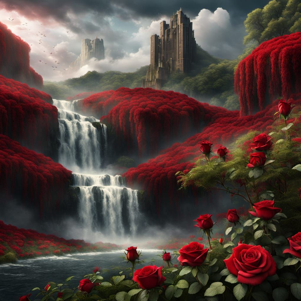 Blood red rose meadow in front of towering waterfall