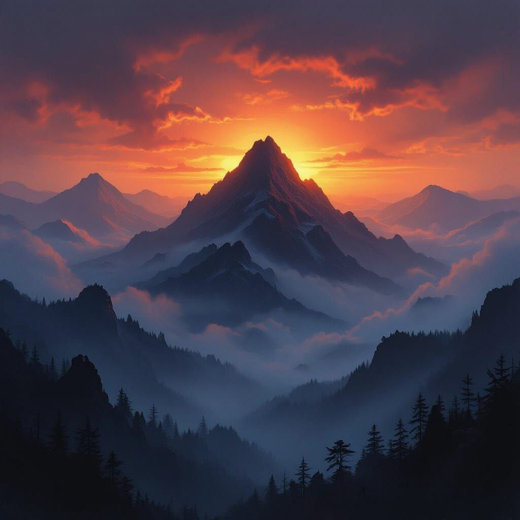 Demonic Mountain Sunset in Dark Fantasy Style