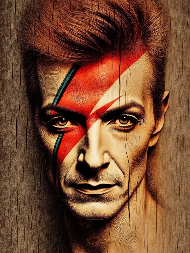 <lora:Ingrained wood:1.0> portrait of Ziggy Stardust, David Bowie ingrained into the wood