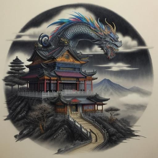 Chinese Dragon in Ink Mountain Landscape