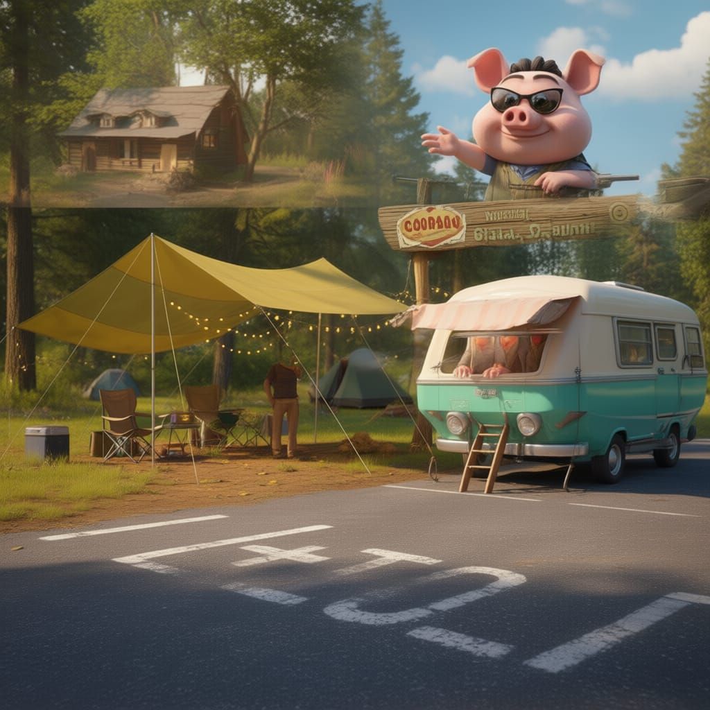 We'They found the perfect campsite. Papa Pig  directs trailor firm above images to parking spot
