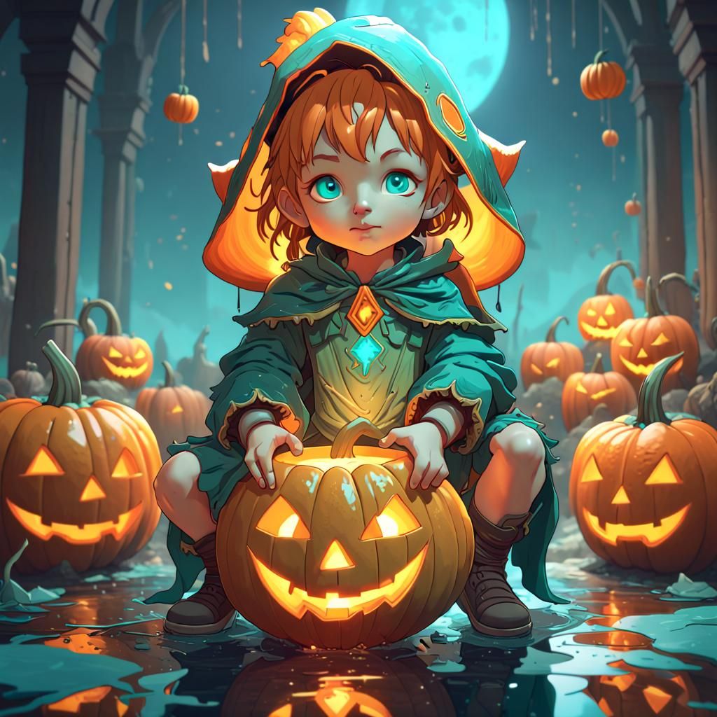 chibi jack-o-lantern child but more 3-D