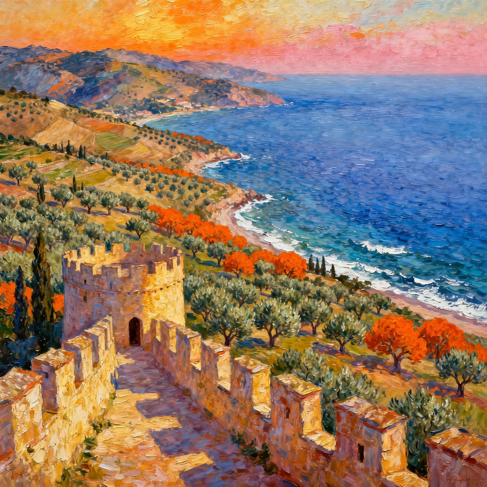 beautiful painting, view from a high castle battlement overlooking the Mediterranean Sea, olive groves, ...  by @SirEdmund