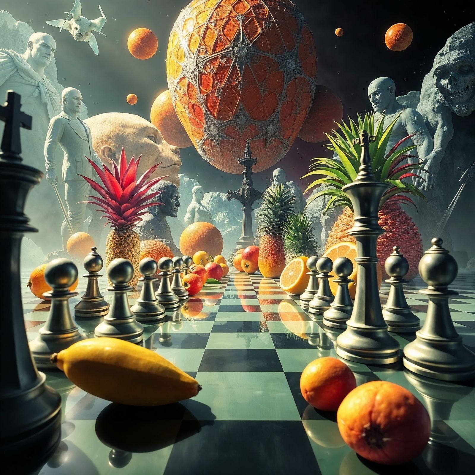 Chess Pieces and Tropical Fruit