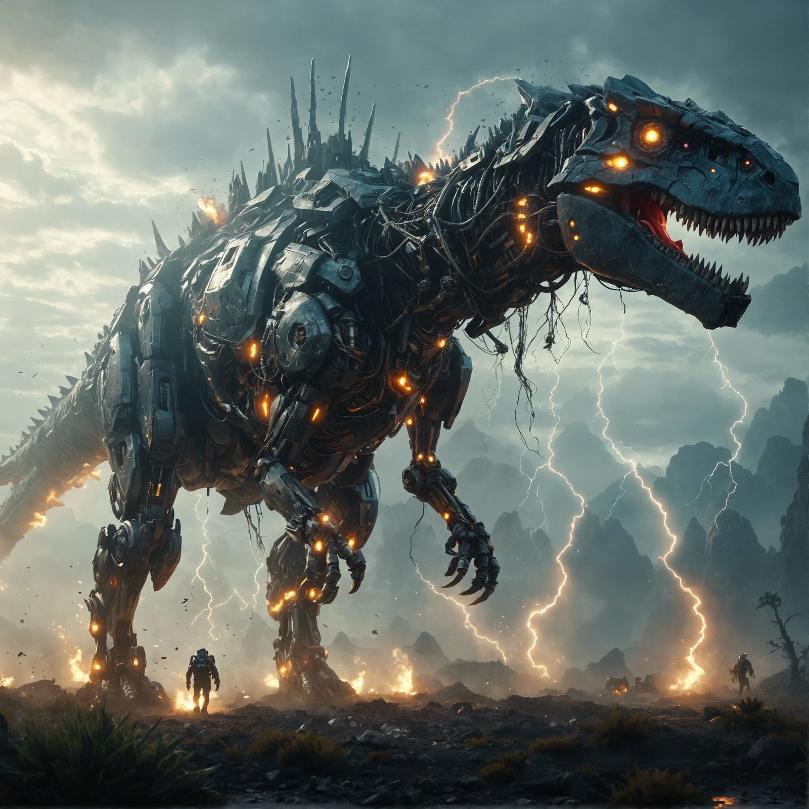 <lora:Impulses:1.0> <lora:SDXL-WETA-FX:1.0> <lora:SdxlCLOUDS:1.0> Colossal Godlike transformer style dinosaur T-Rex 🦖, ...