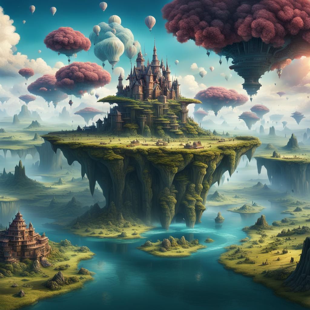 A surreal landscape where the sky is filled with floating islands - AI ...