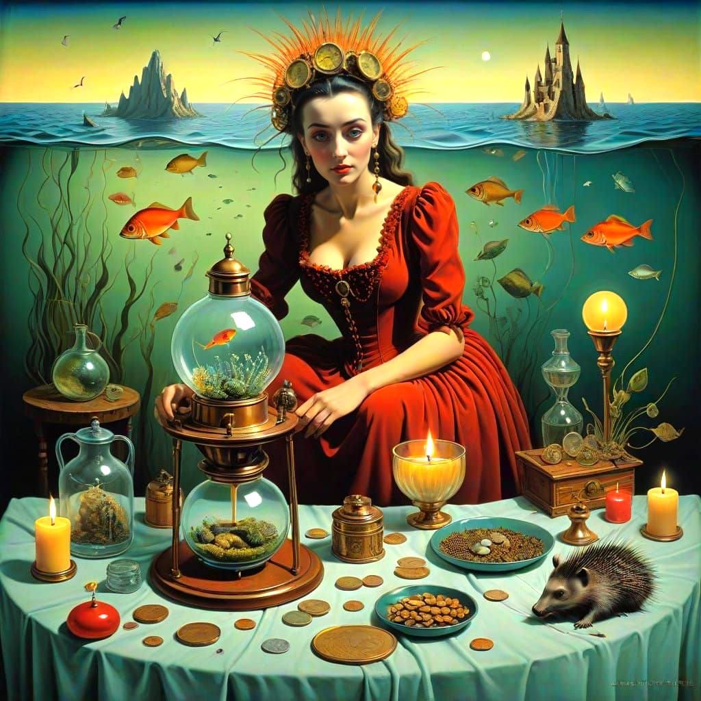 Surrealistic Lady in a Whimsical Mechanical Scene