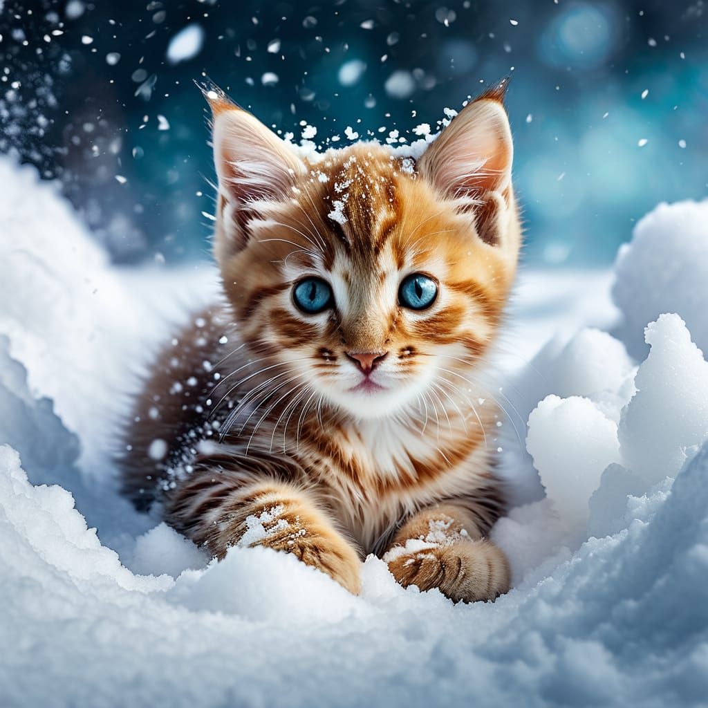 Kitten is laying in deep snow