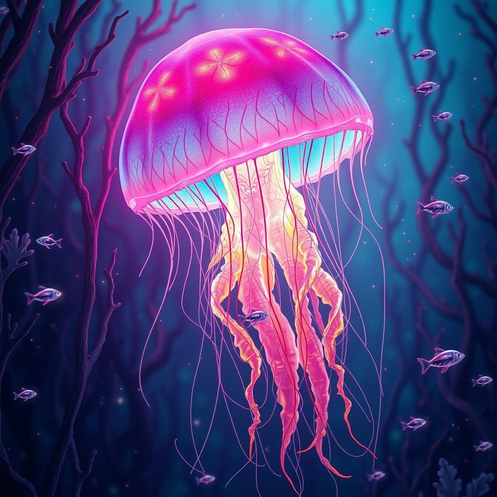 Bioluminescent Jellyfish in Kelp Forest: 3D Neon Art