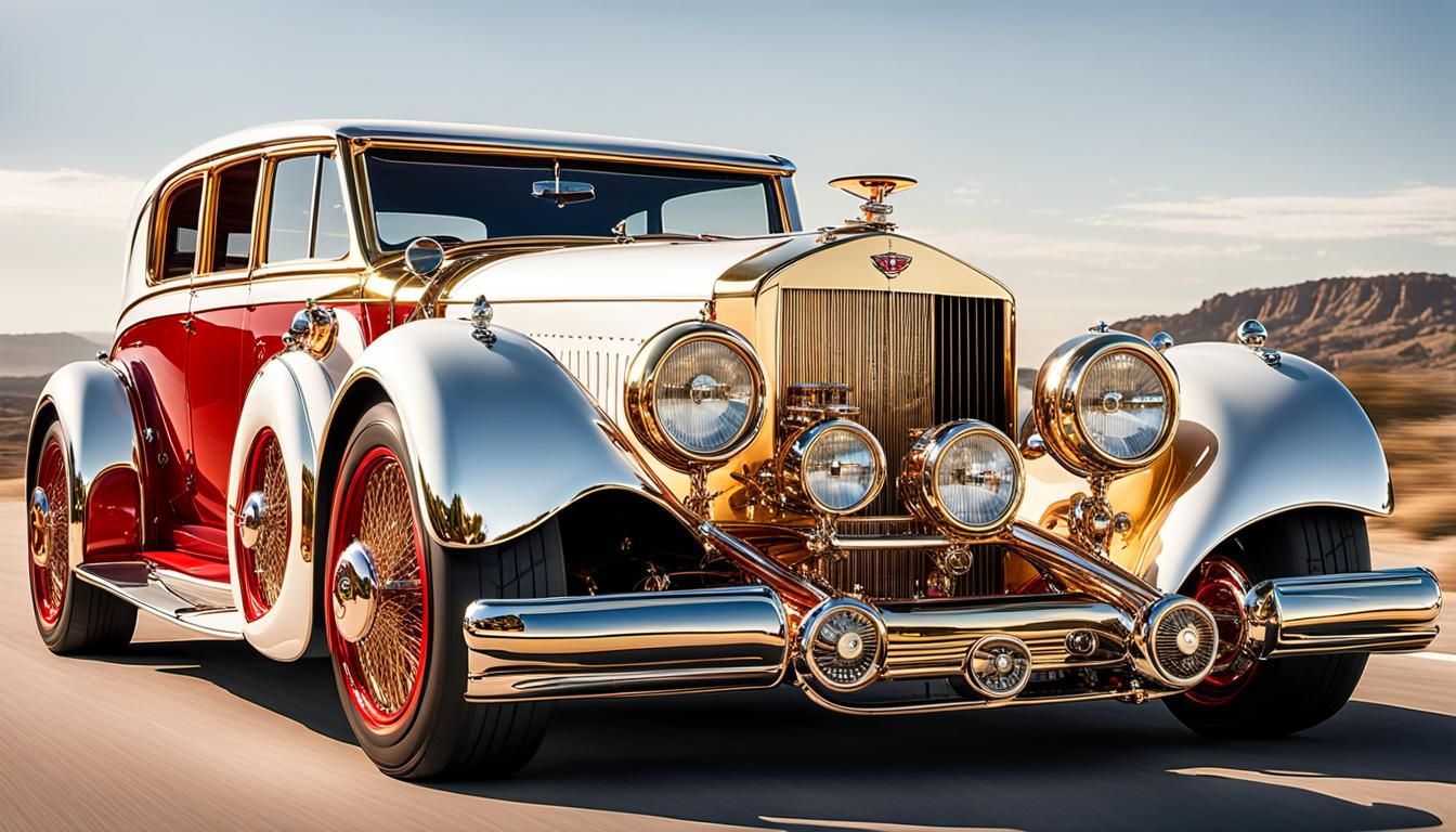 A gold-white Powerful STEAMPUNK HOT ROD  Bently glistening u...