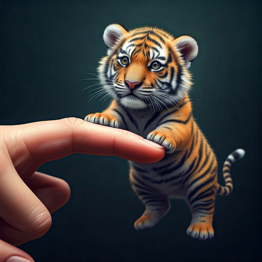 a little tiger on human fingure