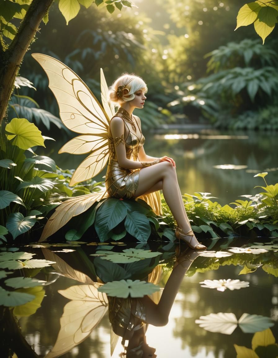A solitary fairy deep in thought, perched on a leaf by a serene pond, cel-shaded, aetherpunk, telephoto, photoillustration, art deco 