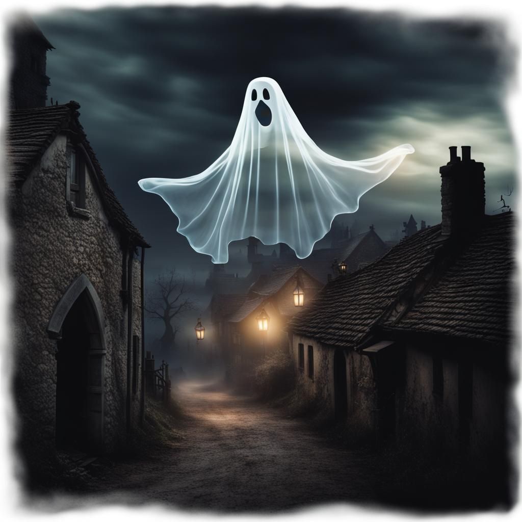 Transparent ghost hovering over a spooky dark medieval countryside ...