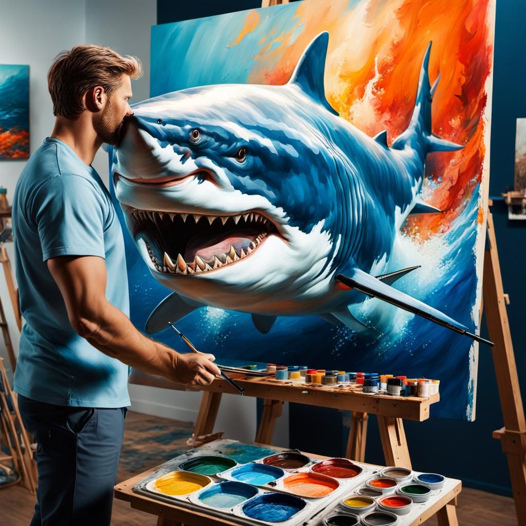Painter Captures Great White Shark in Art Studio